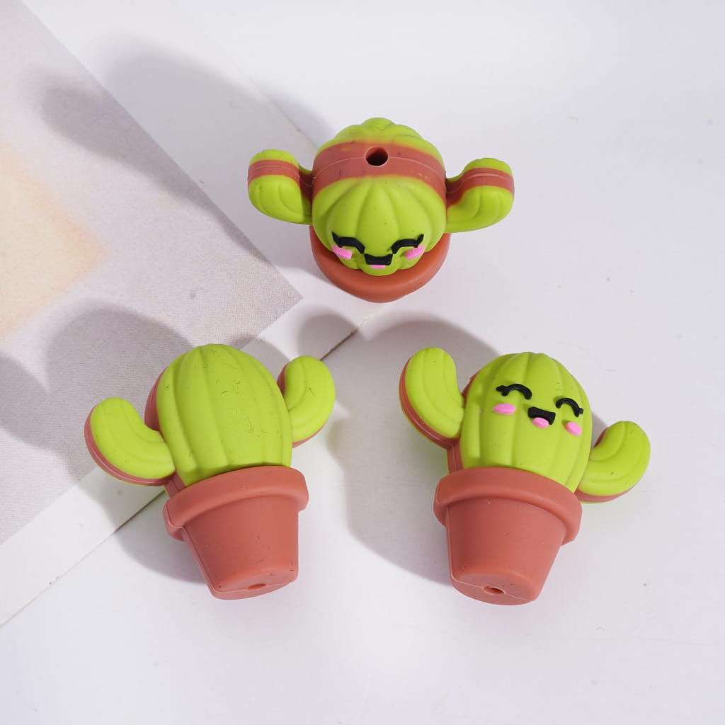 Cute Cactus Dark  Smiling Face and Bright Green Plant Silicone Focal Beads