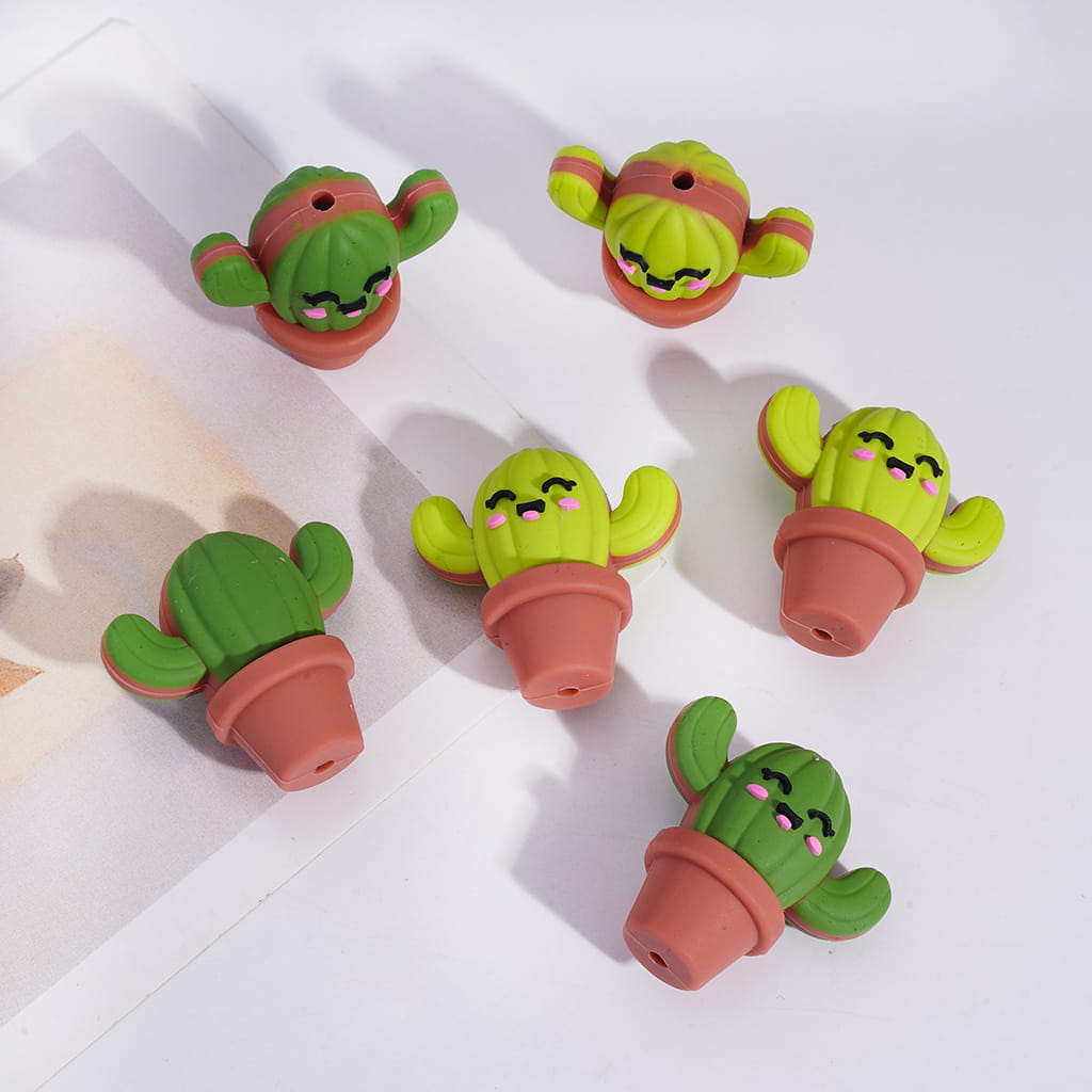 Cute Cactus Dark  Smiling Face and Bright Green Plant Silicone Focal Beads