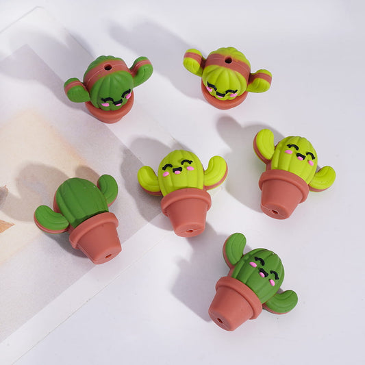 Cute Cactus Dark  Smiling Face and Bright Green Plant Silicone Focal Beads