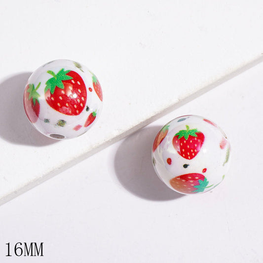 UV-Coated Sweet Strawberry & Green-Red Spott Printed Round Acrylic Beads for Bracelets, 16MM, Random Mix