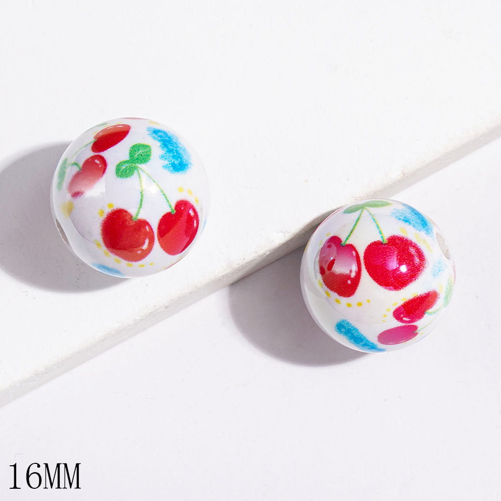 UV-Coated Cheerful Cherry & Multicolor Spotted Round Acrylic Beads for Bracelets, 16MM, Random Mix