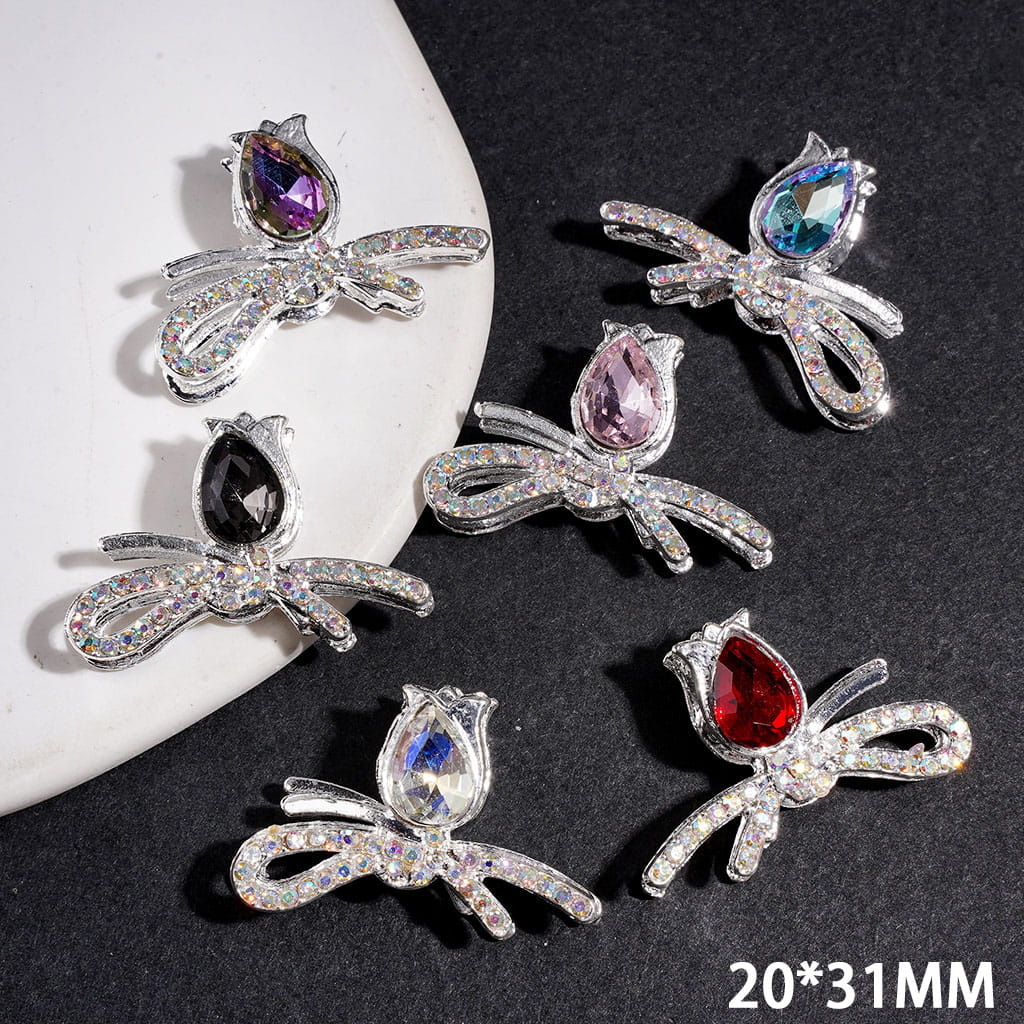 Silver Metal Beads Bowtie Flower with Sparkling Water Drop and AB Rhinestones, 20*31MM Multi-Color Random Mix