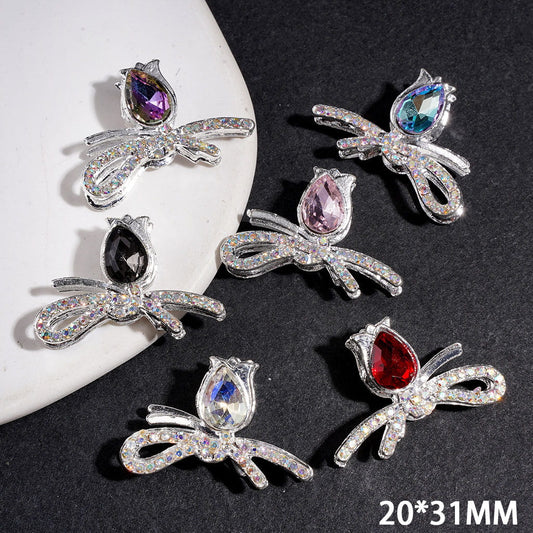 Elegant Bowtie Flower with Crystal Water Drop & Sparkling AB Rhinestone Silver Metal Beads, 20*31MM, Multicolor, Random Mix