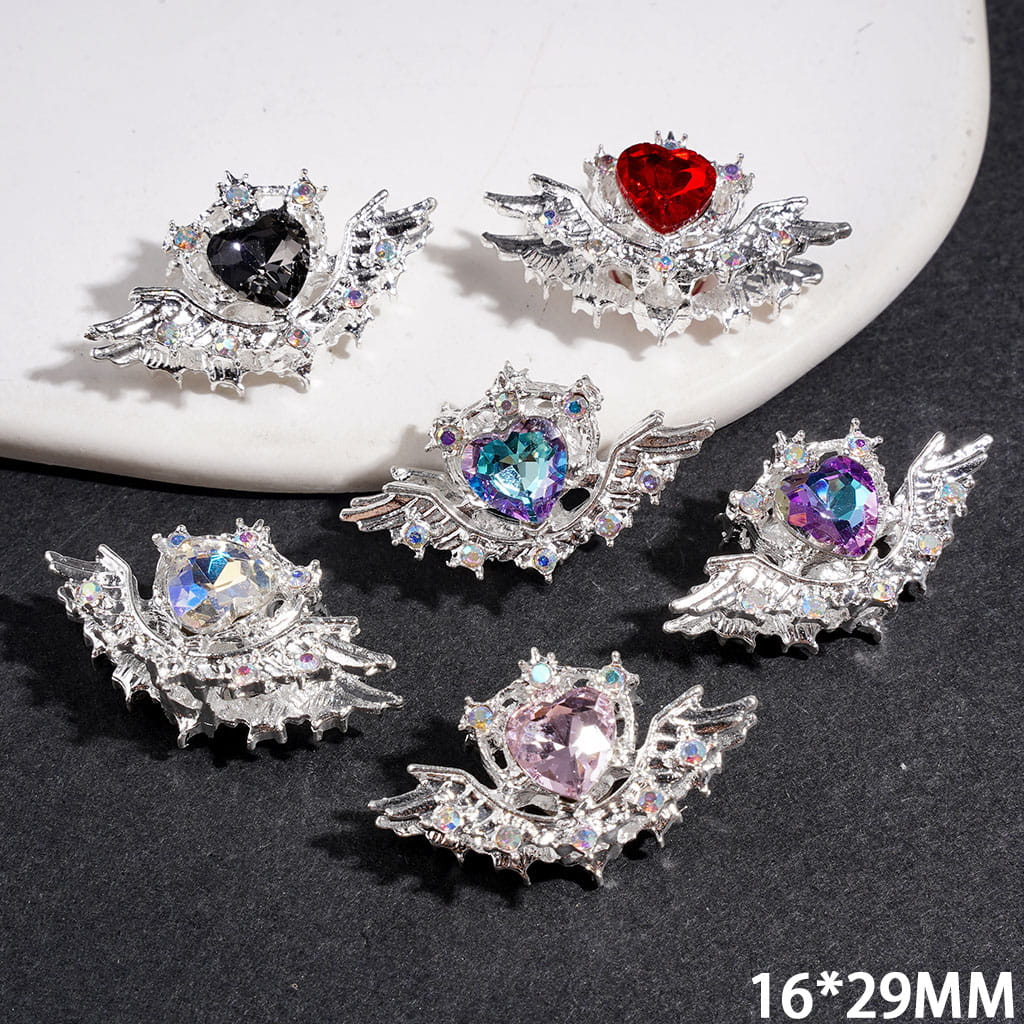 Elegant Heart & Angel Wing Shaped with AB Rhinestone Sparkle Silver Metal Beads, 16*29MM, Multicolor, Random Mix