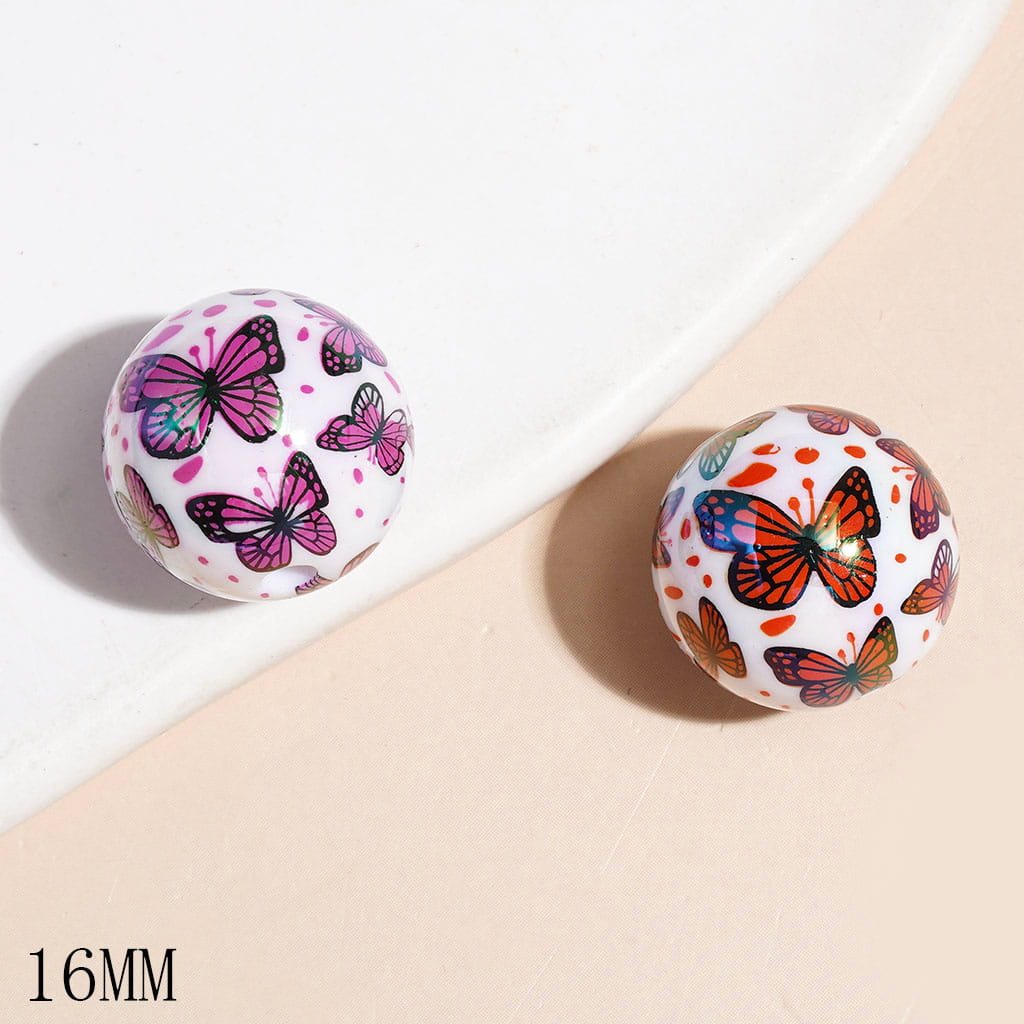 UV-Coated Colorful Butterfly and Spots Printed Round Acrylic Beads for Bracelets, 16MM, Multicolor, Random Mix