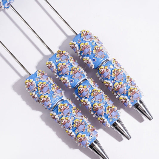 Cute Girl in Blue Dress with Sausage-Shaped Lips & Sparkling AB Rhinestones Beadable Clay Pen