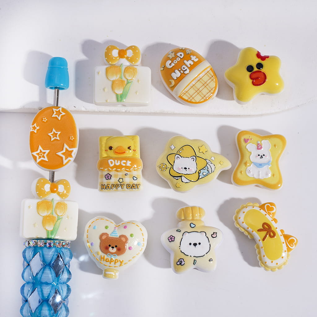Cute Yellow Animal Bear Dog Duck Tulip Flower Print Acrylic Beads Random Mix