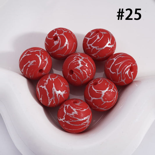 Dark Red Color with Silver-Colored Cracks, Round Printed Silicone Beads 15MM, Number 25