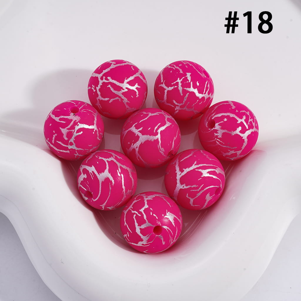 Rose Red Round with Silver-Colored Cracks, Printed Silicone Beads 15MM, Number 18