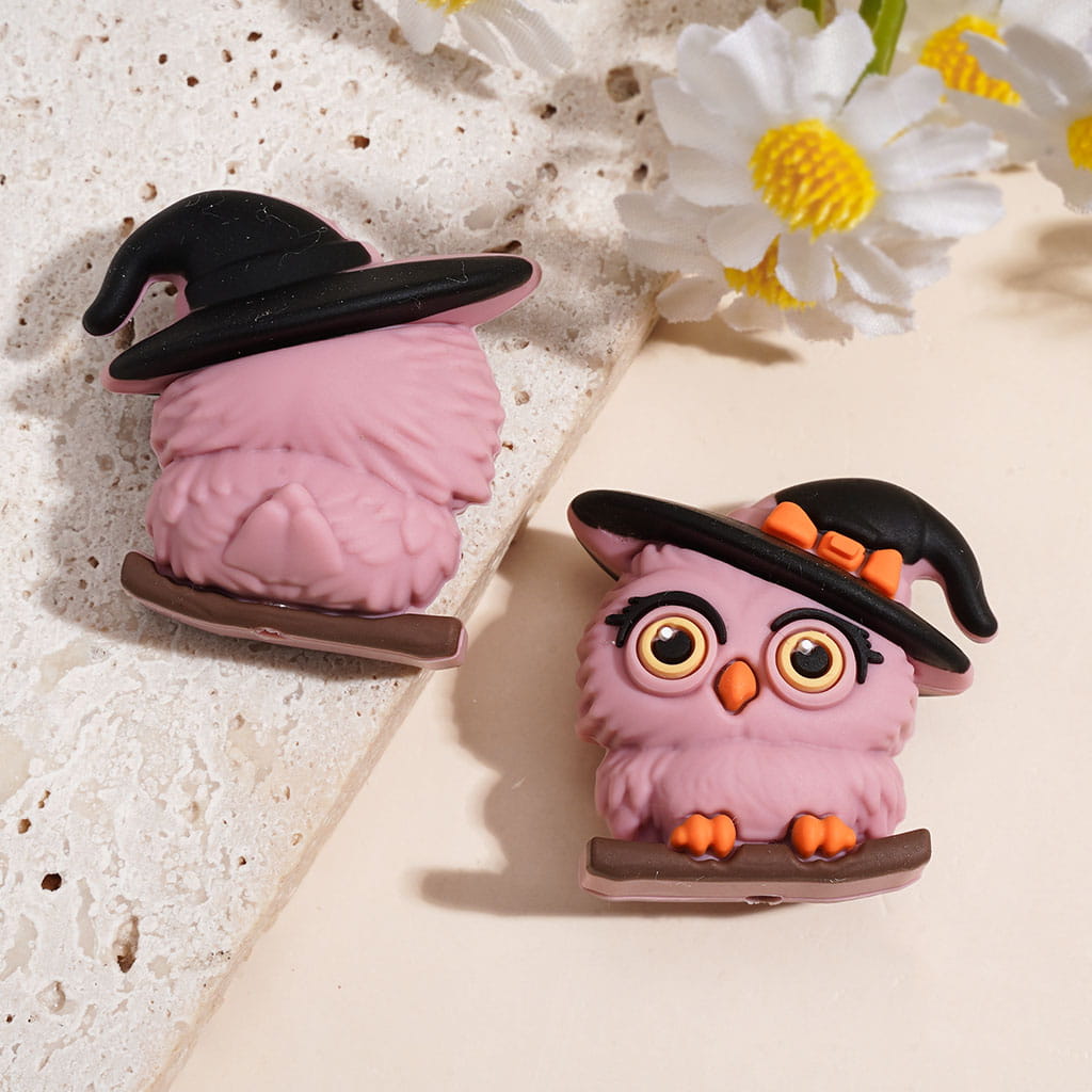 3D Halloween Big-Eyed Owl Silicone Focal Beads with Witch Hat & Standing on Tree Branch, 27*28MM, Random Mix