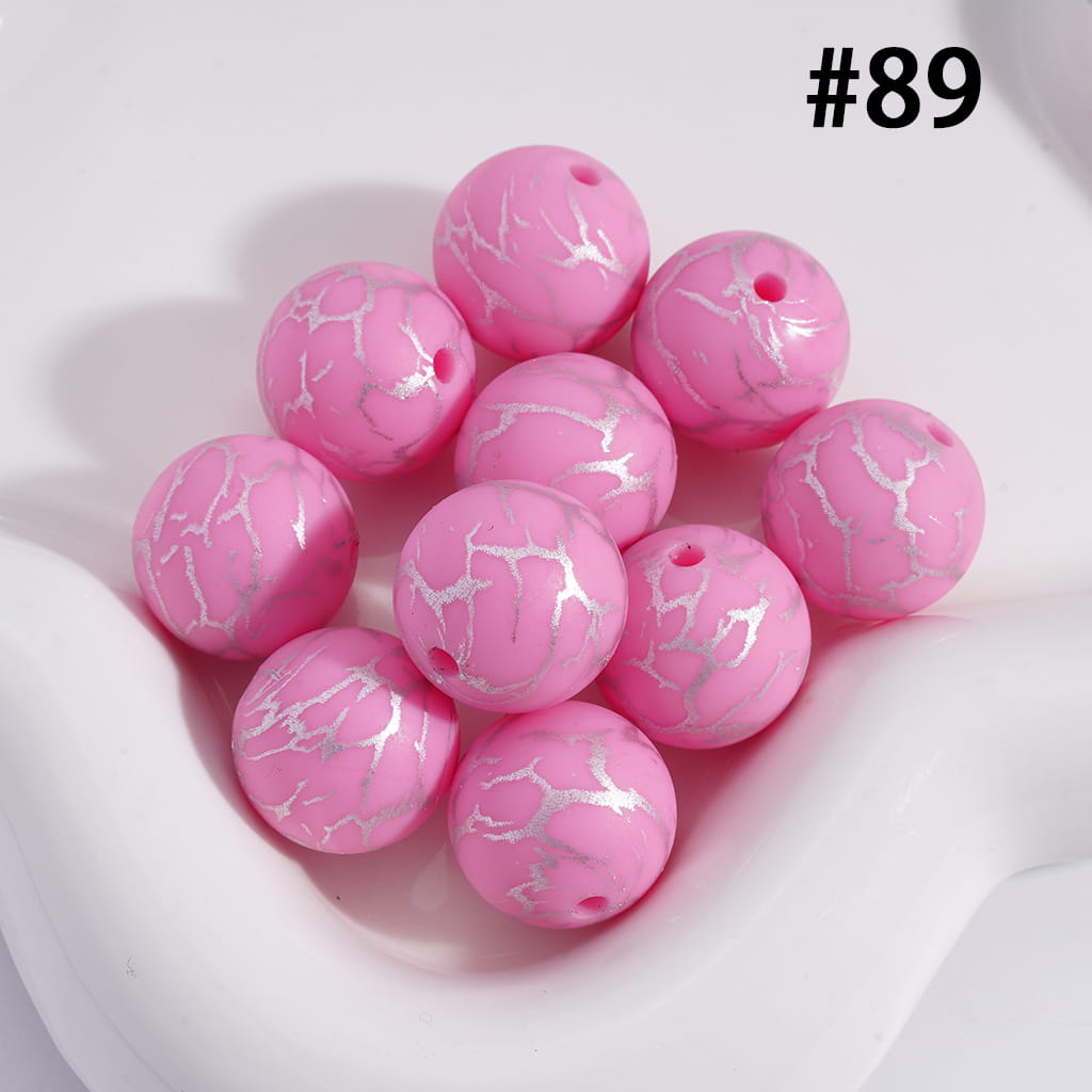 Pink Color Round Printed Silicone Beads with Silver-Colored Cracks, 15MM, Number 89