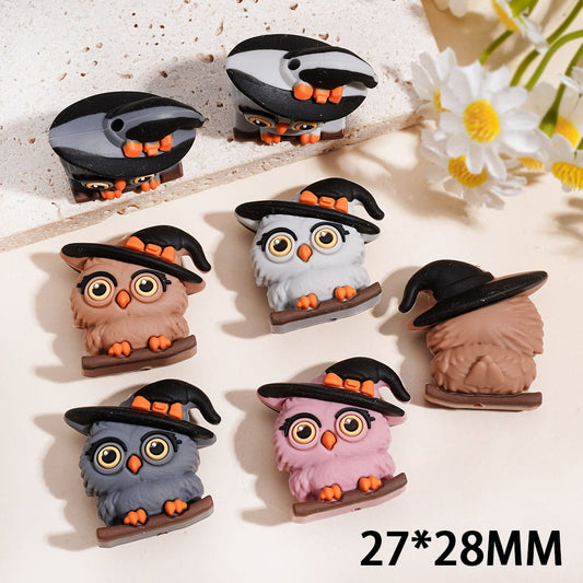 3D Halloween Big-Eyed Owl Silicone Focal Beads with Witch Hat & Standing on Tree Branch, 27*28MM, Random Mix