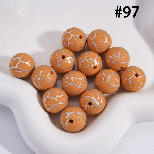 Earthy Yellow Color Round Printed Silicone Beads with Silver-Colored Cracks, 15MM, Number 97