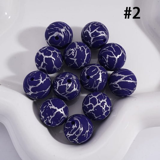 Navy Blue Round with Silver-Colored Cracks, Printed Silicone Beads 15MM, Number 2