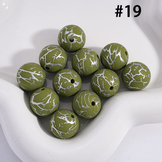 Olive‑Green with Silver Colored Cracks Round Printed Silicone Beads 15mm Number 19