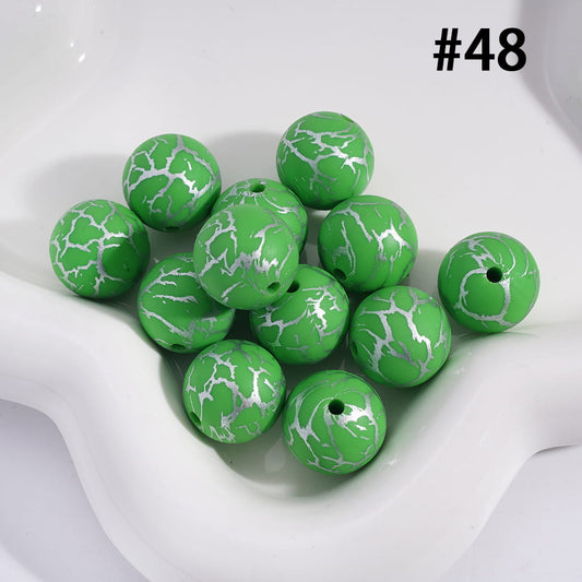 Green Color Round Printed Silicone Beads with Silver-Colored Cracks, 15MM, Number 48