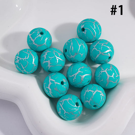 Teal Round with Silver-Colored Cracks, Printed Silicone Beads 15MM, Number 1