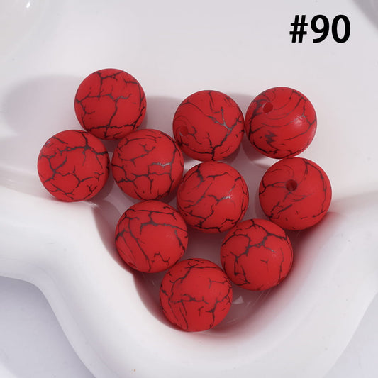 Red Color Round with Black-Colored Cracks, Printed Silicone Beads 15MM, Number 90