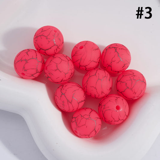 Printed Silicone Beads Peach Pink Round with Black-Colored Cracks, 15MM, Number 3