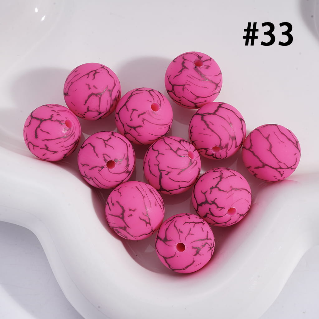 Rose Pink Color Round Printed Silicone Beads with Black-Colored Cracks, 15MM, Number 33