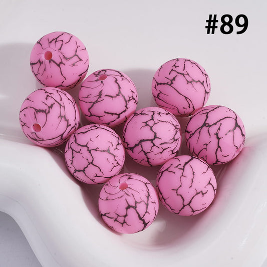 Pink Color Round Printed Silicone Beads with Black-Colored Cracks, 15MM, Number 89