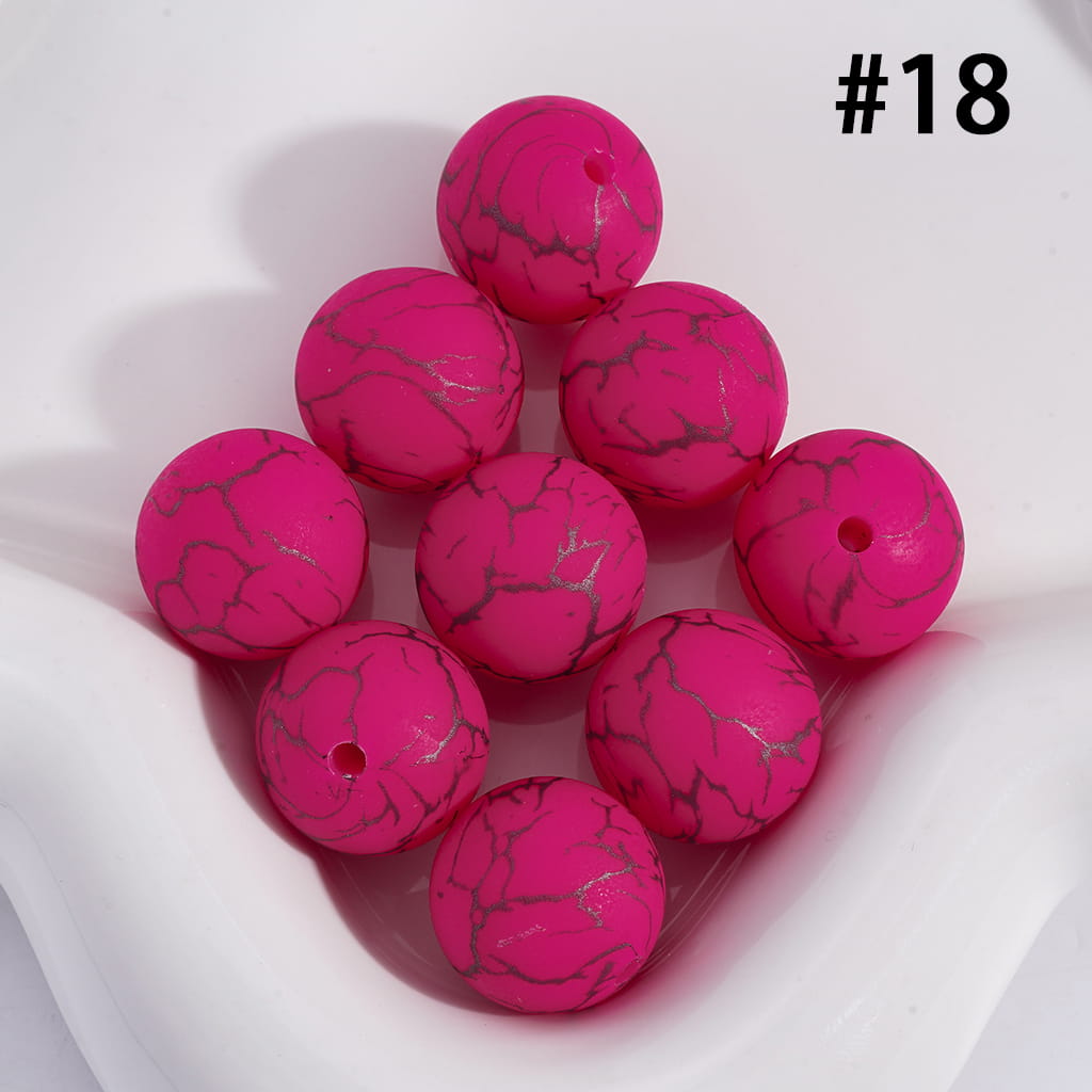 Rose Red Color Round Printed Silicone Beads with Black-Colored Cracks, 15MM, Number 18