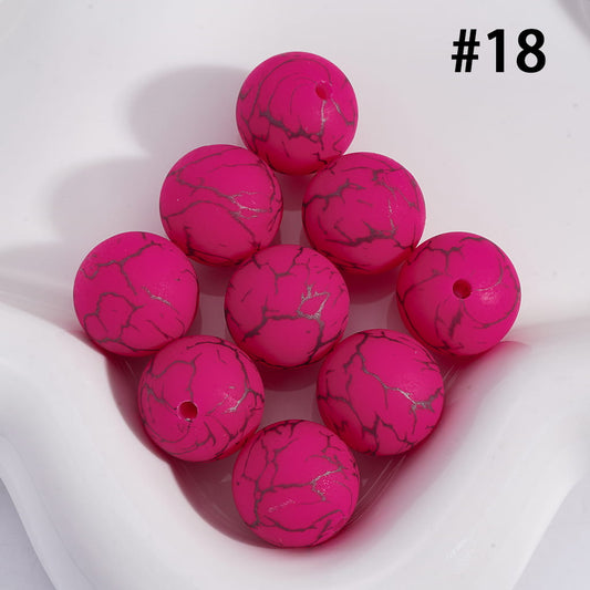 Rose Red Color Round Printed Silicone Beads with Black-Colored Cracks, 15MM, Number 18
