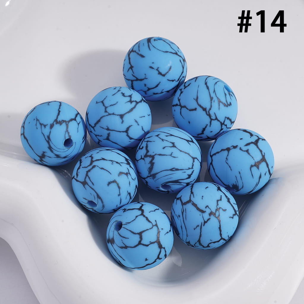 Sky Blue Color Round Printed Silicone Beads with Black-Colored Cracks, 15MM, Number 14