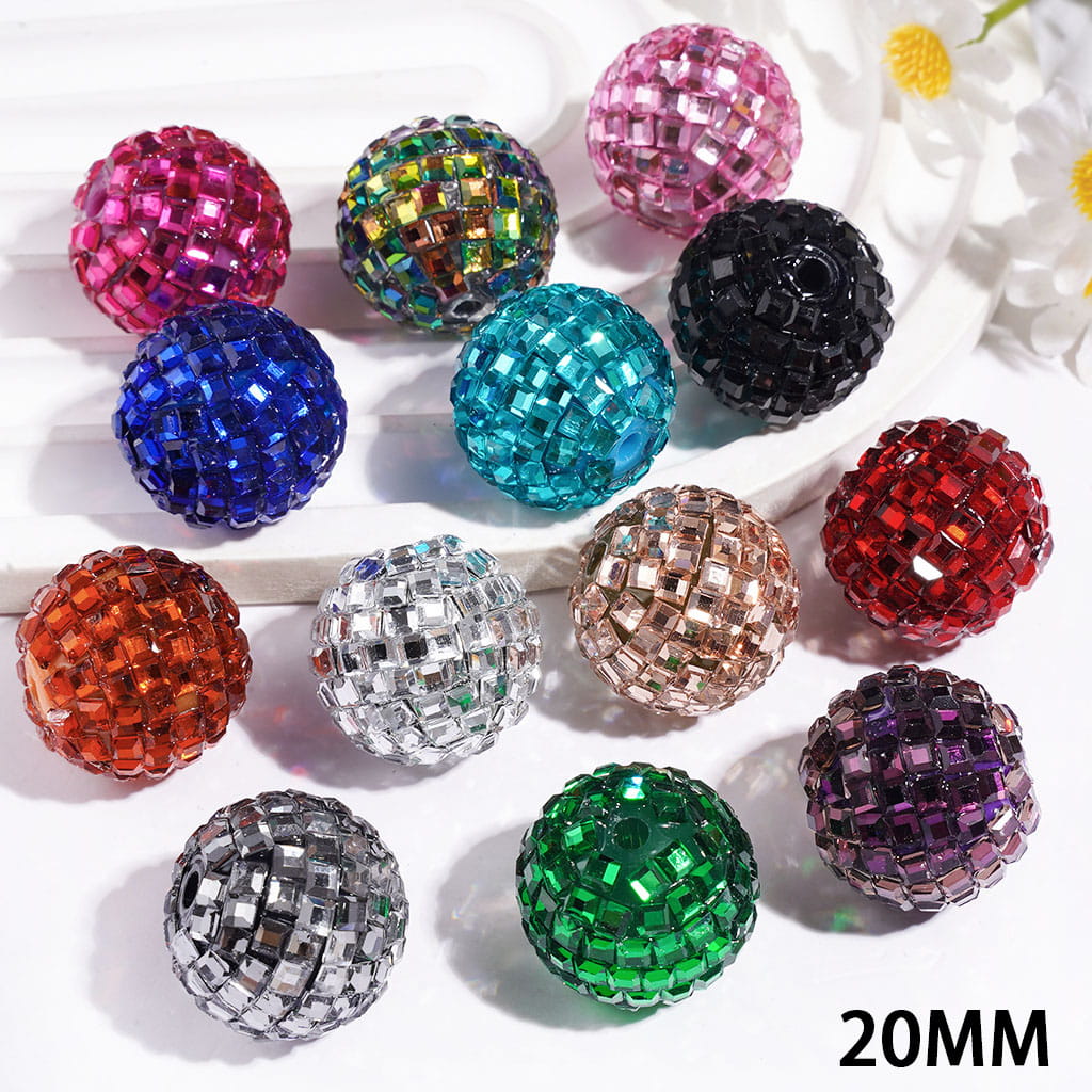 Sparkling Cube & Square Rhinestone-Embellished Disco Ball Design Acrylic Beads for Bracelets, 20MM, Multicolor, Random Mix