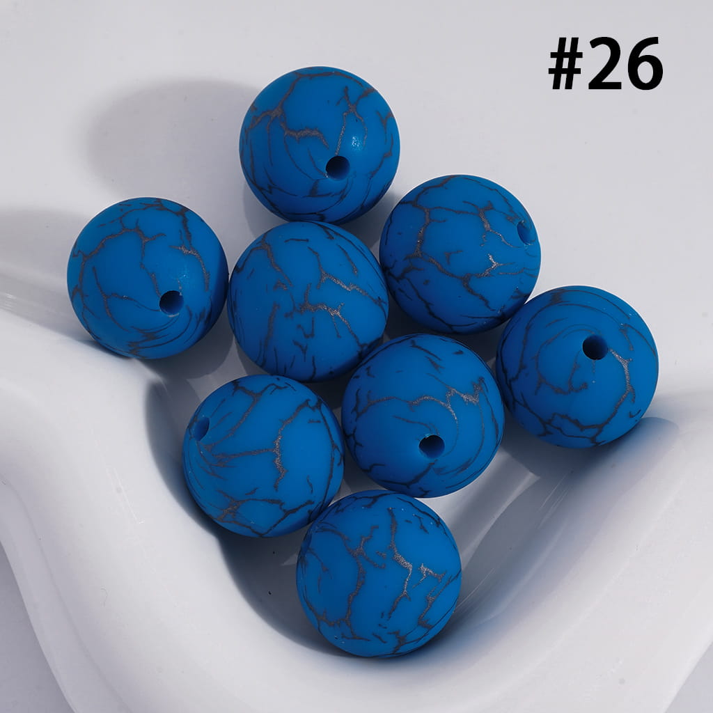 Lake Blue Color Round Printed Silicone Beads with Black-Colored Cracks, 15MM, Number 26