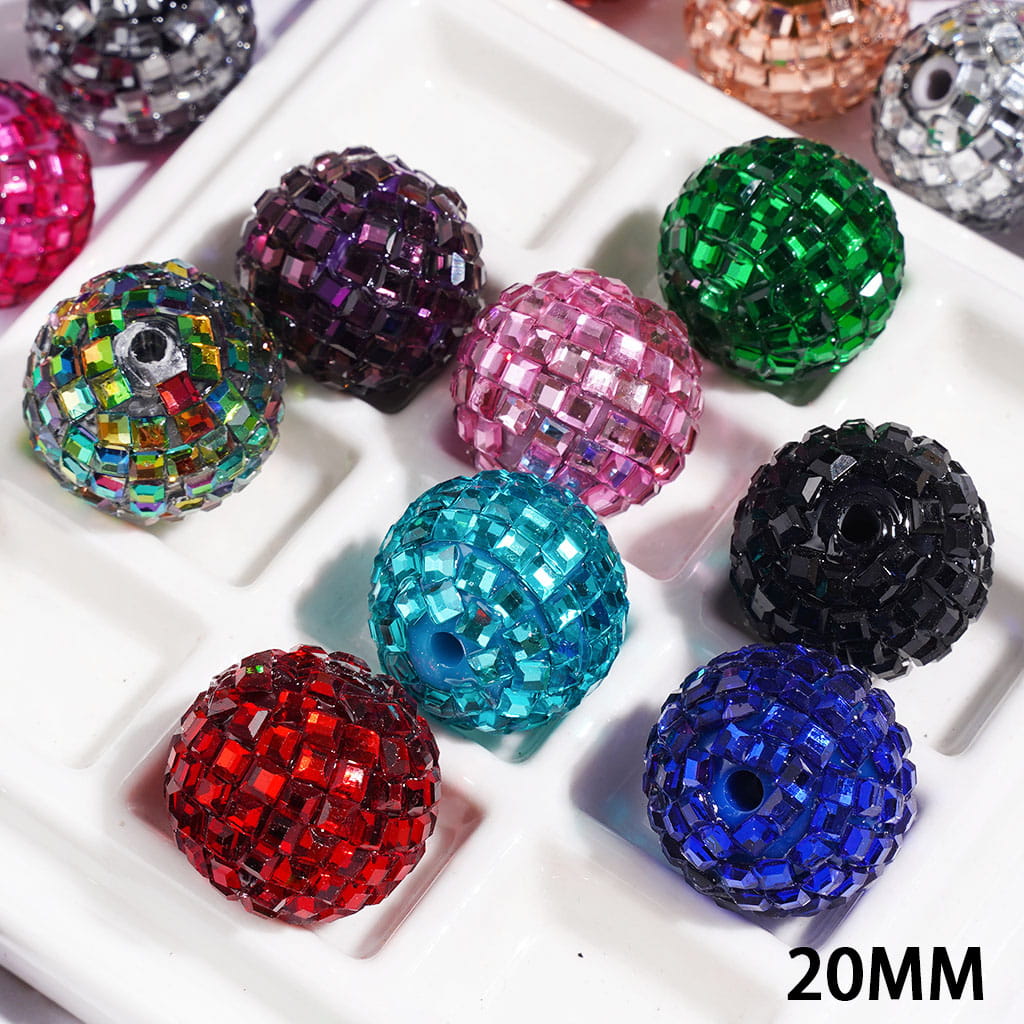 Sparkling Cube & Square Rhinestone-Embellished Disco Ball Design Acrylic Beads for Bracelets, 20MM, Multicolor, Random Mix