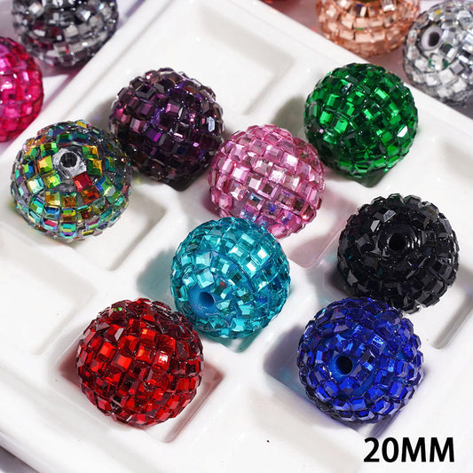 Sparkling Cube & Square Rhinestone-Embellished Disco Ball Design Acrylic Beads for Bracelets, 20MM, Multicolor, Random Mix