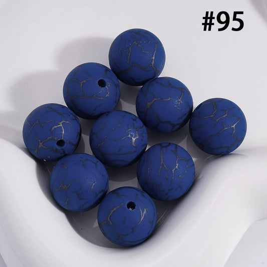 Gem Blue Color Round with Black-Colored Cracks, Printed Silicone Beads 15MM, Number 95