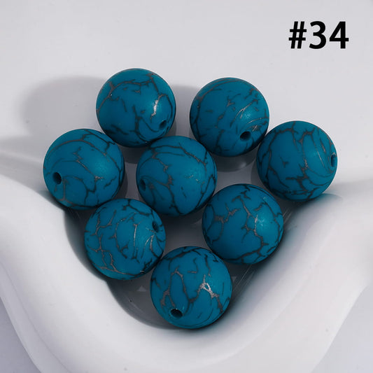 Peacock Green Color Round Printed Silicone Beads with Black-Colored Cracks, 15MM, Number 34