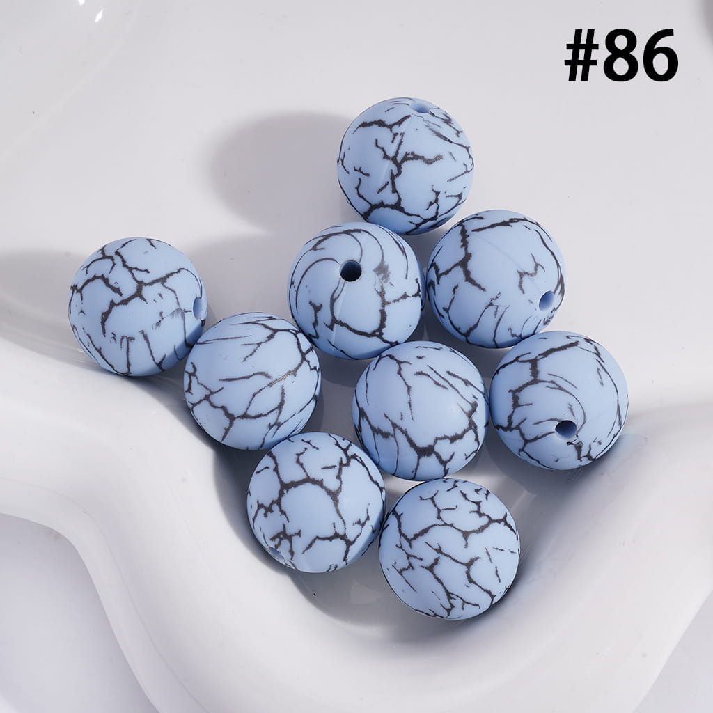 Light Blue Color Round Printed Silicone Beads with Black-Colored Cracks, 15MM, Number 86