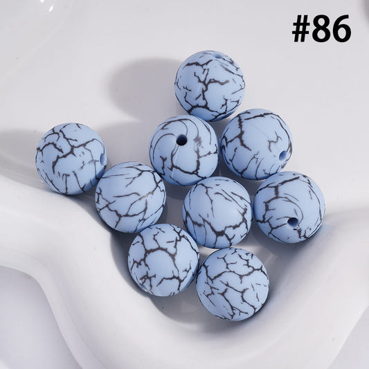Light Blue Color Round Printed Silicone Beads with Black-Colored Cracks, 15MM, Number 86