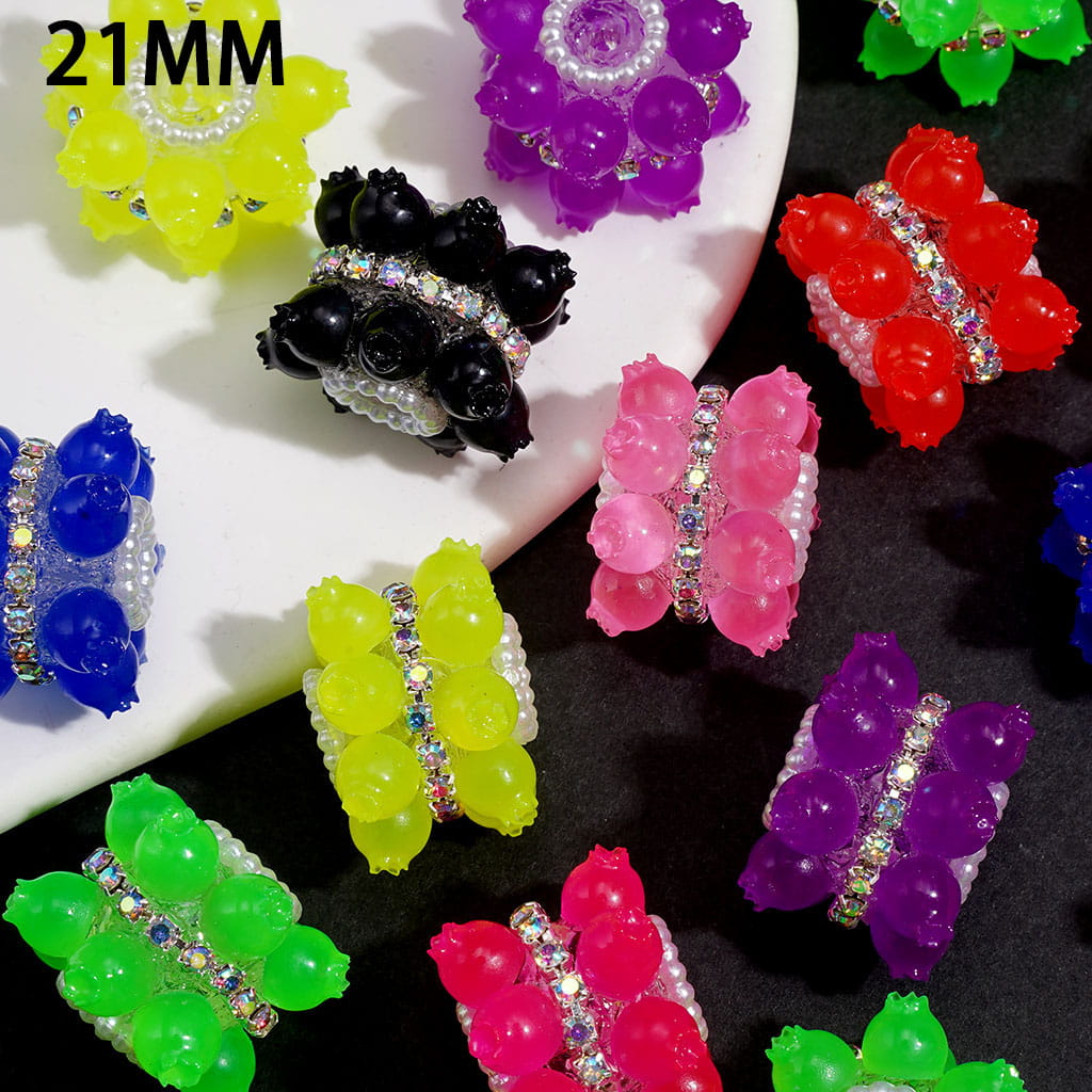 Handmade Acrylic Beads with AB Rhinestone Chains & Blueberry Ball in Neon Colors, White Pearl Loop, 21MM, Random Mix