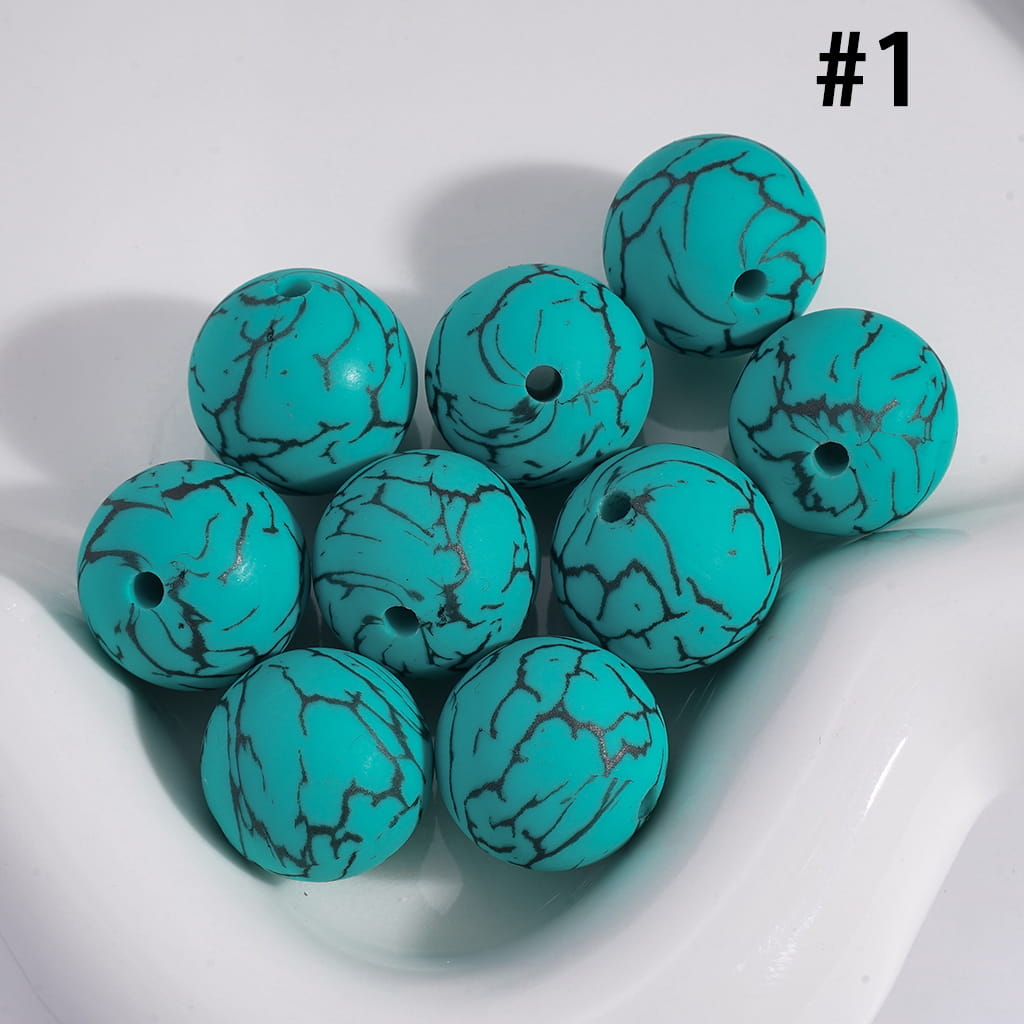 Cyan Color Round Printed Silicone Beads with Black Crack Pattern 15MM