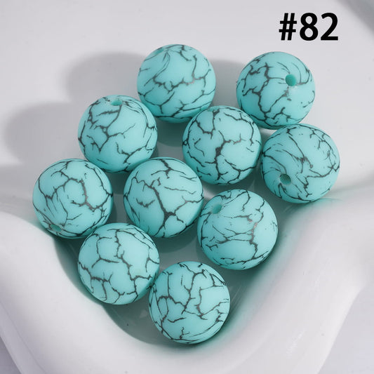 Light Mint Green Color Round Printed Silicone Beads with Black-Colored Cracks, 15MM, Number 82