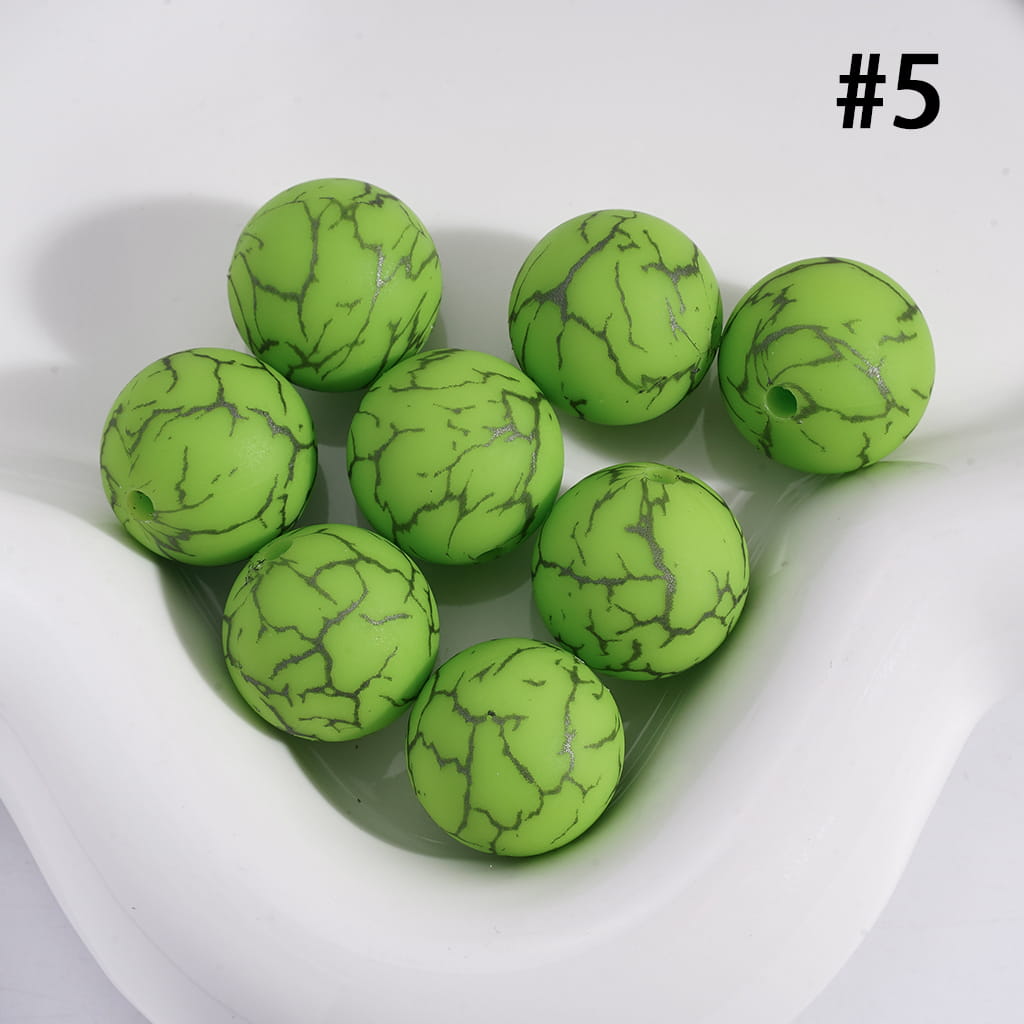 Light Green Color Round Printed Silicone Beads with Black-Colored Cracks, 15MM, Number 5
