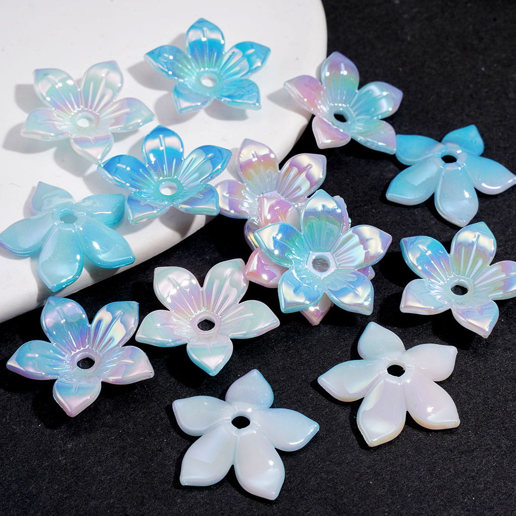 Bead Cages UV Coating Curly Five-Petaled Flower, Acrylic Bead Cap, Around 22MM, Multi-Color (They Fit 16MM Beads)