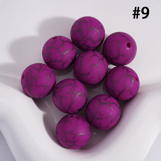 Grape Purple Color Round Printed Silicone Beads with Black-Colored Cracks, 15MM, Number 9