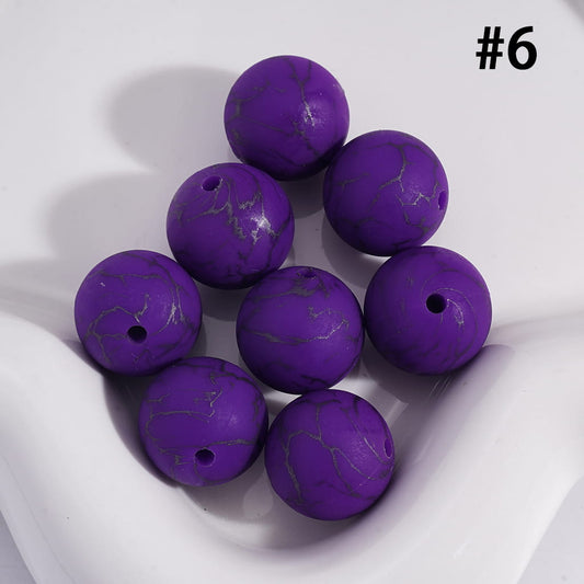 Dark Purple Color Round Printed Silicone Beads with Black-Colored Cracks, 15MM, Number 6