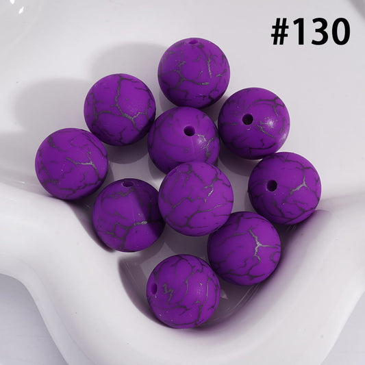Bright Purple Color Round Printed Silicone Beads with Black-Colored Cracks, 15MM, Number 130