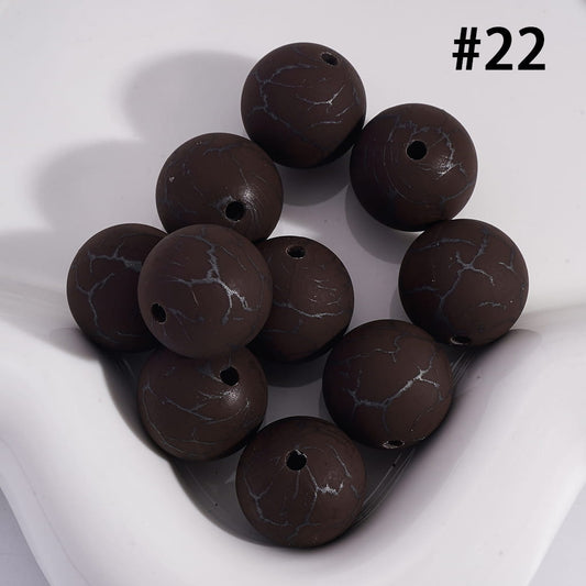Dark Brown Color Round Printed Silicone Beads with Black-Colored Cracks, 15MM, Number 22