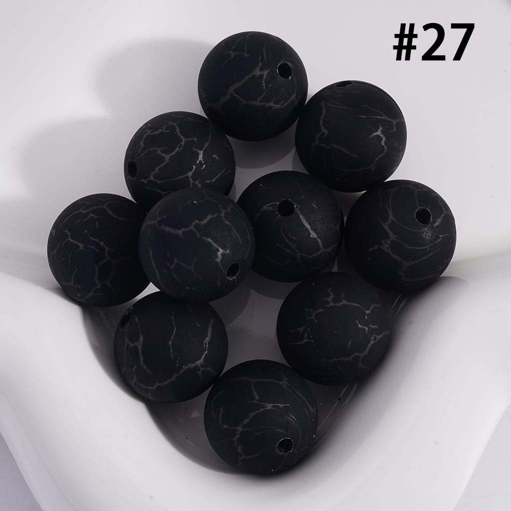 Black  Color Round Printed Silicone Beads with Black-Colored Cracks, 15MM, Number 27