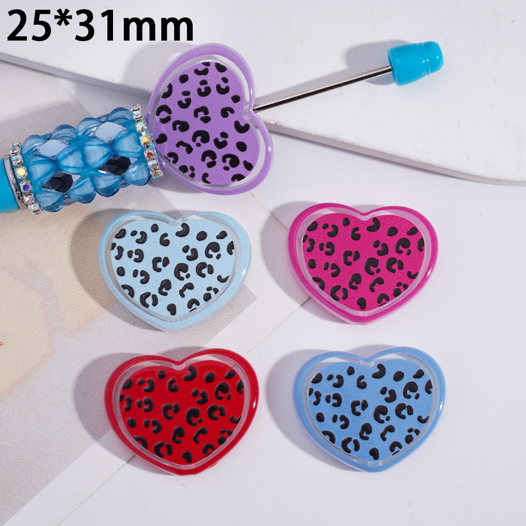 Cute Black Leopard Patterns in Heart Shape Acrylic Beads 25*31MM, Random Mix
