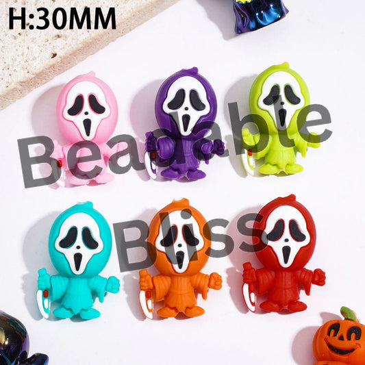 3D Mini Halloween Horror Mask Character Holding Knife Silicone Focal Beads, Assorted Colors