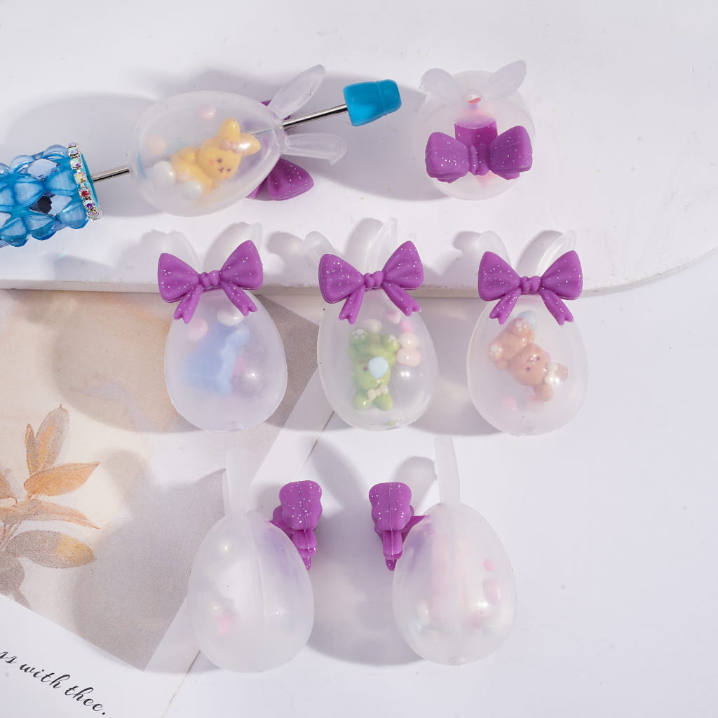 Easter Egg with Rabbit Ears, Purple Bowtie & Bunny Stones Soft Silicone Shaker Beads Stones Decoration Embedded Inside bead