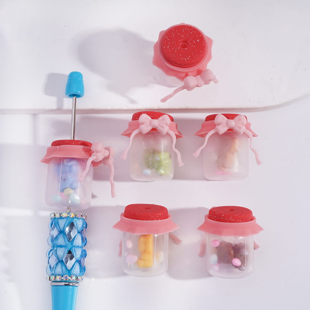 Wishing Bottle with Pink Bowtie & Bear Stones Soft Silicone Shaker Beads Decoration Embedded Inside Bottle